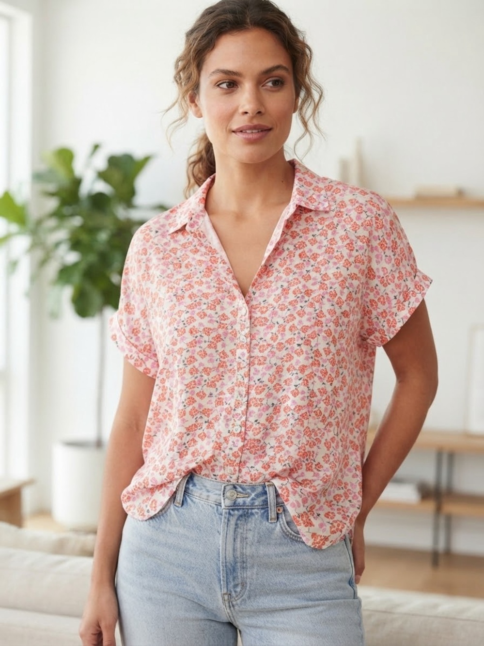 Jane and Delancey Pink Floral Short-Sleeve Button-Up Blouse